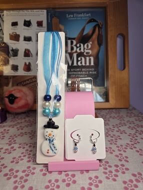 Snowman Necklace And Earrings Set - Blue & White